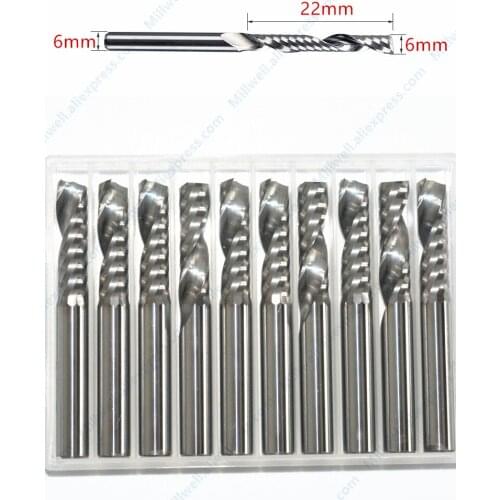 6mm*22mm-10pcs,free shipping cnc solid carbide end mill,woodworking router bit,wood tool,1 flute spiral milling cutter,acrylic