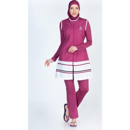 Alfasa 1275 Long Sleeve The Tights Anchor Print Vest Full Off Hijab Swimwear damson