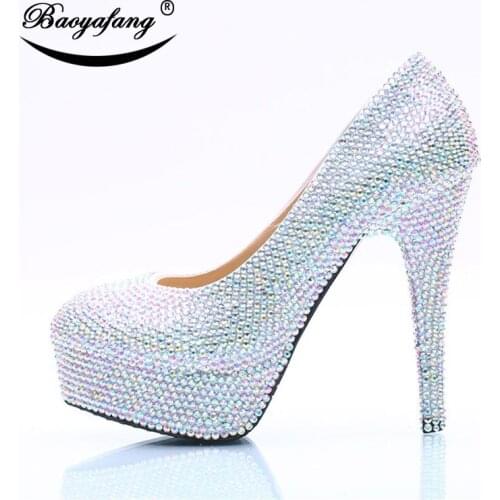 BaoYaFang 2019 Womens wedding shoes AB Diamond Insert Crystal Shoe woman Ladies Party dress shoes New arrival fashion high shoes
