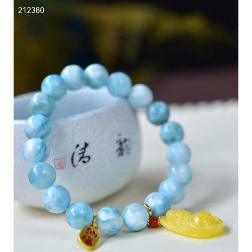 Natural Blue Larimar Round Beads Bracelet 10.1mm Water Pattern Larimar Amber Pendant Women Men AAAAAA