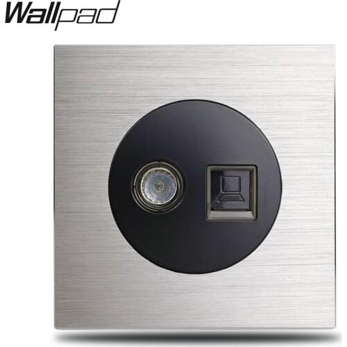 L6 Grey Single TV Jack & PC Internet Data RJ45 CAT6 Outlet Socket Silver Brushed Aluminum Plate , 86 * 86 mm