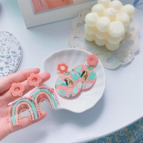 Summer Girl Sweet Rainbow Flower Earrings Acrylic Ear Stud Cute And Fun Small Fresh Women Jewelry Female