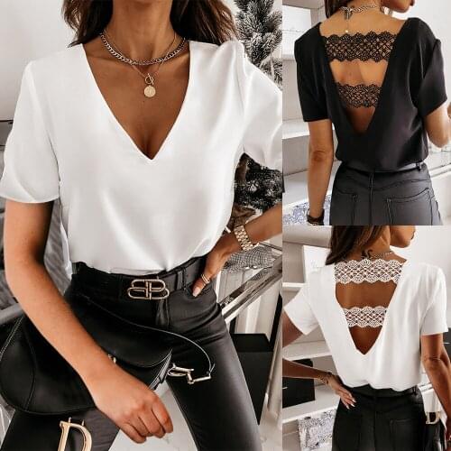 Summer Sexy Womens T-Shirt Solid Color Black Casual Short Sleeve Open Back Slim Top Loose Fashion Lace Stitching Clothing
