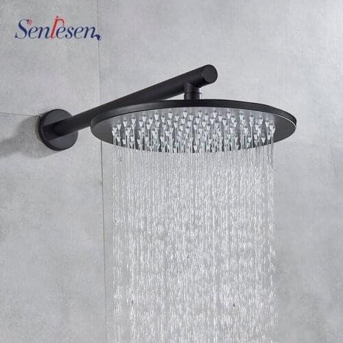 Senlesen 12 INCH Black Shower Head Brass Wall Mounted 37 cm Shower Arm Rainfall Hot and cold water