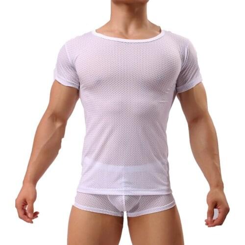 New Man Undershirt/Men Sexy Mesh Sheer Basic Shirts/Male Mesh Breathable O-neck Gay Short Sleeves Slimming Undershirts Inner Top