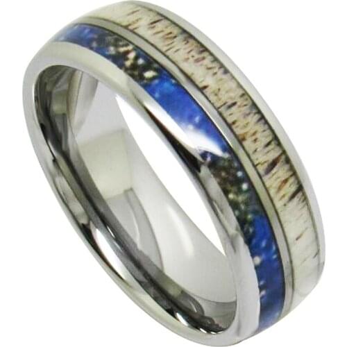 8MM Width Mans Tungsten Carbide Rings Dome Band Inlay Deer Antler & Blue Color Wood for Party Gift US Size 6-14 Drop Shipping
