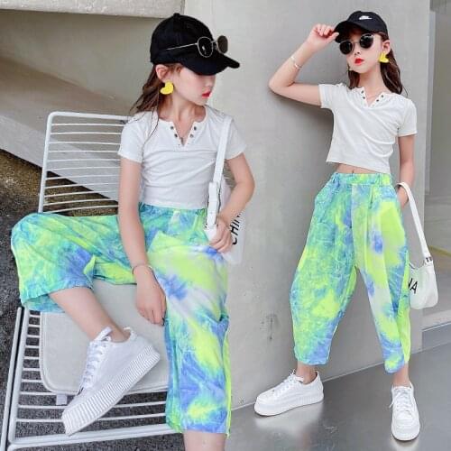 Thanksgiving Outfits for Girls 2021 Korean Summer Clothes Suit Girl Solid Color T-shirt + Trousers Hip-hop Sports Two-piece Suit