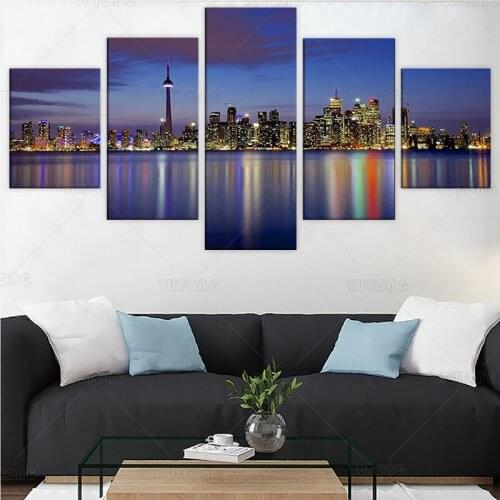 Toronto Skyline Wall Decor CN Tower Night Reflection Lake Ontario Picture Printed on Canvas 5 Piece City Night View Poster Frame