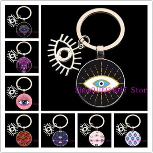 New evil eye religious photo round glass keychain cabochon glass keychain DIY handmade gift men and women decorative keychain