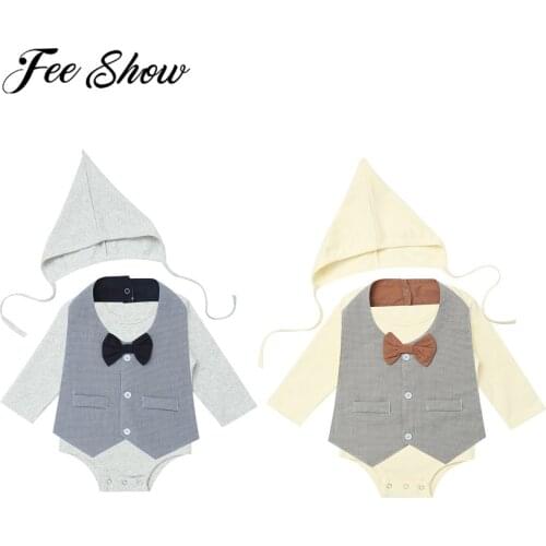 Autumn Cotton 3Pcs Baby Romper Infant Baby Boys Clothes Solid Color Long Sleeves Newborn Jumpsuit Baby Clothing and Bowtie Bib