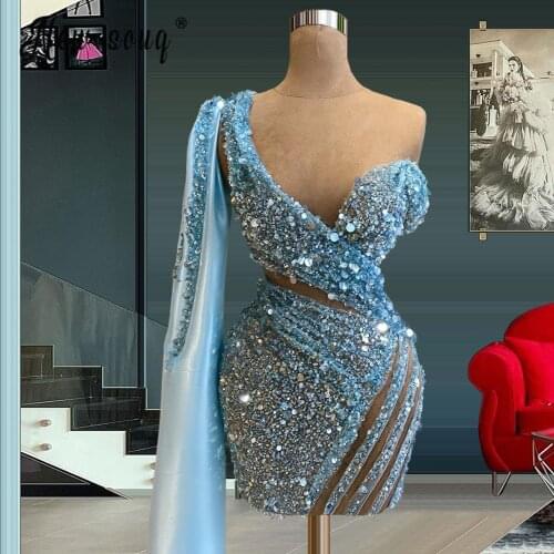 Mermaid Beaded Sequined Sky Blue Prom Gown African Women Deep V Neck One Long SLeeve Party Cocktail Dresses De Soiree Robe