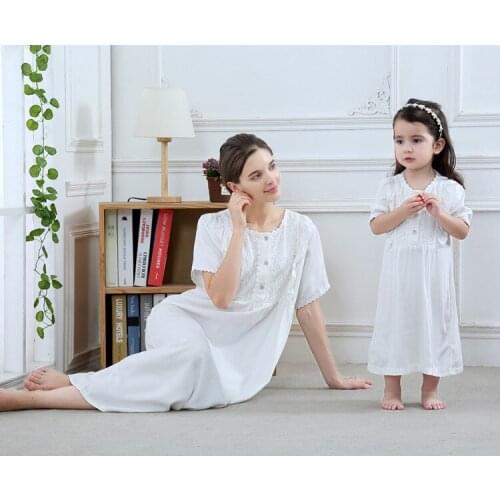 Family clothes Summer short-sleeved cotton dress mother girls wear parent-child mother and girl lace princess nightdress pajamas