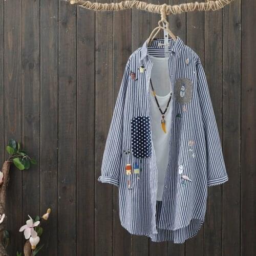 Thin Jacket Casual Coat Female Blouse Cotton Embroidery Spring Autumn Outerwear Streetwear Women Loose Medium Long Shirt Striped