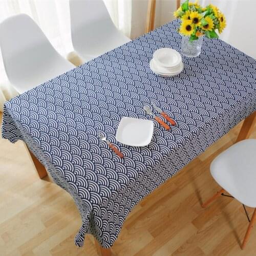 Japanese Totem Ocean Wave Dark Blue Geometry Printed Cotton Linen Tablecloth for Living Room Picnic Mat Home Cushion Cover
