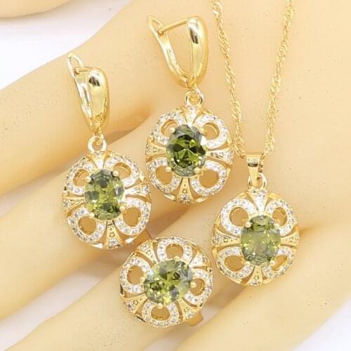 New Olive Green Zircon Gold Color Jewelry Sets for Women Earrings Necklace Pendant Rings Gift Box