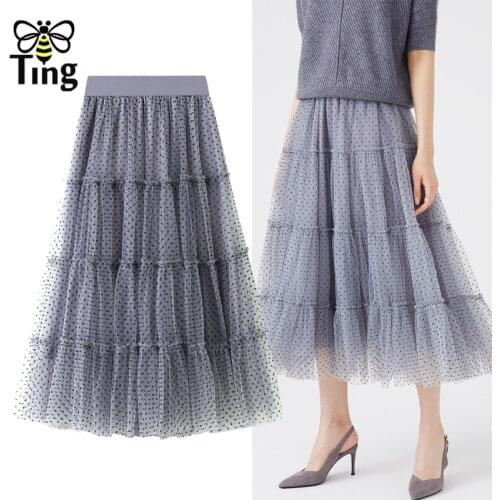 Tingfly Mesh Skirt Women 2021 Spring Summer High Waist Polka Dot Pleated Voile Skirt Chic Long Tulle Ins Tutu Skirt Femme Bottom