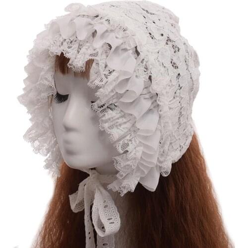 White Lace Bonnet Hat Cosplay Lolita Girls Vintage Black Maid Costume Headwear