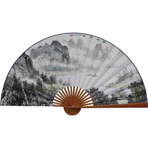Large Folding Paper Fan Chinese Style Crafts Banboo Frame Background Decorative Fan Hanging Guilin Landscape