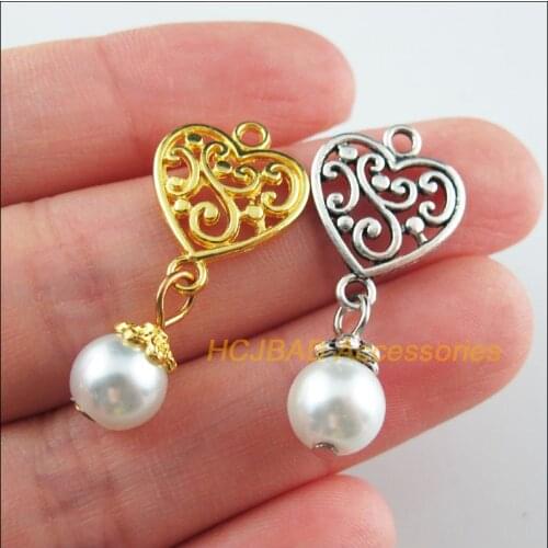 18Pcs Gold Tibetan Silver Tone Heart Flower White Glass Beads Charms Pendants 14.5x32mm