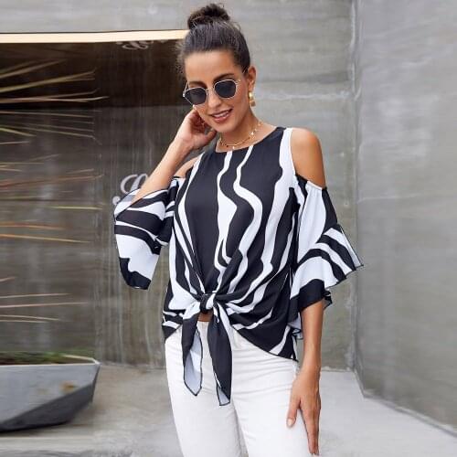 2020 Sale New Polyester O-neck Vadim Plus Size Summer Shirt Female Striped Round Neck 3/4 Sleeve Hollow Open Strapless Loose