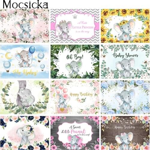 Elephant Baby Shower Backdrop Decorations Newborn Floral Elephant Birthday Cake Smash Photo Background Watercolor Flowers Props