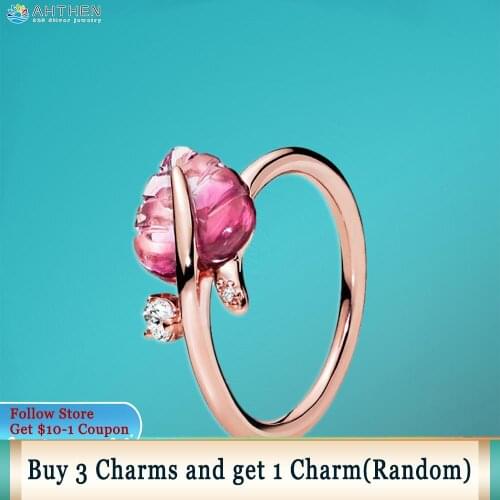 Ahthen 925 Sterling Silver Ring Pink Murano Glass Leaf Ring Original Women Rings Ngagement Ring Women Jewelry Making Girl Gift