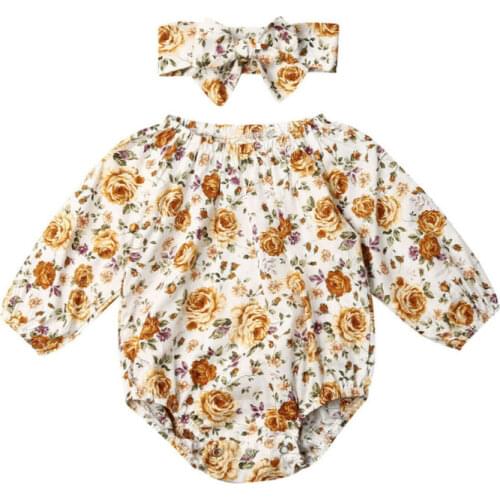Newborn Baby Girl Clothes Flower Long Sleeve Romper Jumpsuit+Headband Outfit Set