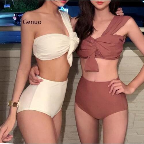 High Waist Bikini Set Sexy One Shoulder Solid Bow Knot Swimwear Female Two Pieces Swimsuit Women Bathing Suit 2021 New Beachwear