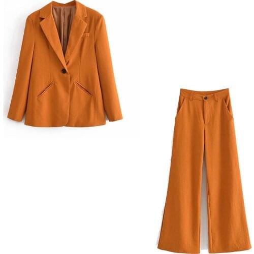 Xikom 2021 ladies Streetwear Two pieces set Women Solid Single Button Pockets loose Blazer coat Female Wide leg pants Suit