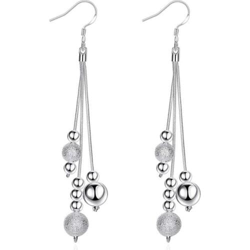 Korean Fashion Silver Plated Three Thread Bead Ball Earrings Retro Long Tassel Pendant Earrings 2021 Engagement Wedding Jewelry