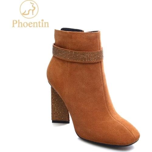 Phoentin brown rhinestone ankle boots 2019 high heels crystal suede square toe zipper female boots black thick heel shoes FT536
