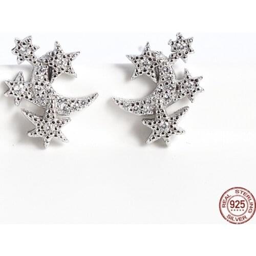 LKO 925 Sterling Silver Zircon Crystal Star Moon Stud Earrings Women Fashion Simple Party Jewelry Accessories Girlfriend Gifts