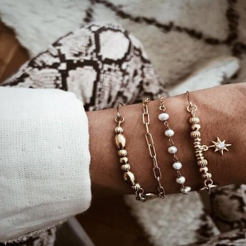 New Vintage Golden Faux Pearl Crystal Sun Pendant Bracelet Fashion Bracelets For Women 2020 Boho Multilevel Chain Jewelry Gift