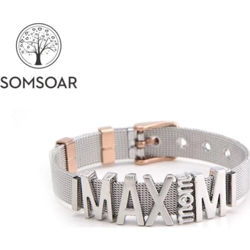 Drop shipping Somsoar Jewelry Max Mom Stainless Steel Charm Mesh Bracelet Set DIY Slide Charm Mesh bracelet for Mothers Gift