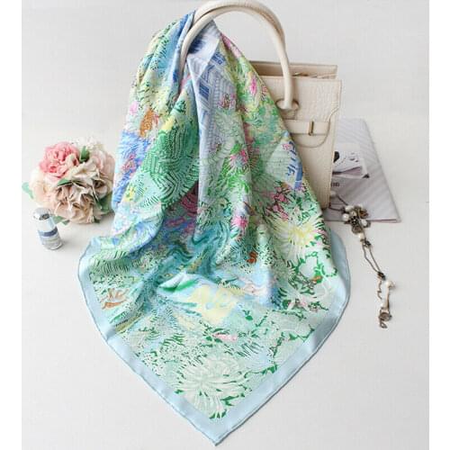 Luxury 100% Silk Scarf Unisex Man Women Fashion Twill Kerchief Forest House Shawl Hijab Hand Rolled Bandana 90*90cm