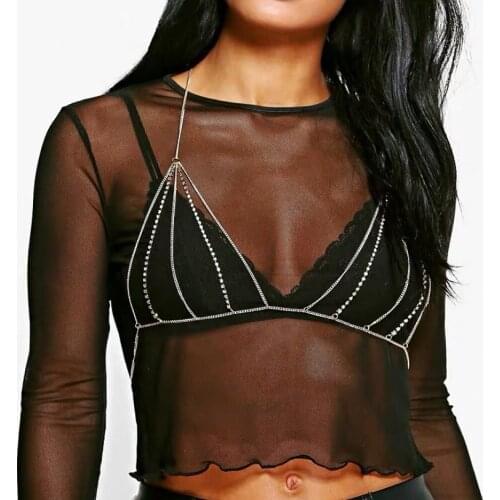 Sexy Rhinestone body chain Bikini Bra chain nightclub tassel body jewelry beach bikini flash diamond chain chest Chain Necklace