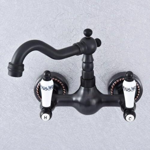 Kitchen Wet Bar Bathroom Vessel Sink Faucet Black Oil Rubbed Brass Wall Mounted Swivel Spout Mixer Tap Dual Ceramic Lever msf712