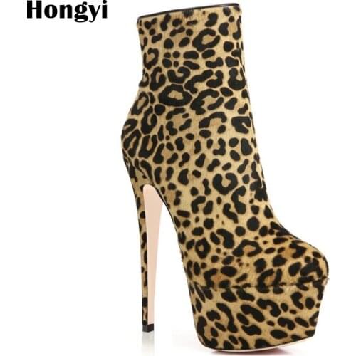Hongyi Women Platform Boots 2018 Fashion Europe leopard printed Bootie Hollow Thin High Heels Boots Ankle Bootie Sapatos