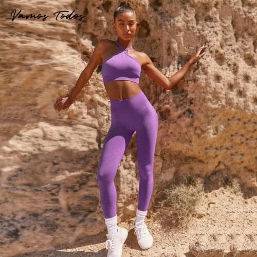 Vamos Todos 2021 Summer New Sports 2 Piece Set Outfit For Women Cross Over Solid Crop Top Pants Fitness Yoga Leggings Tracksuits