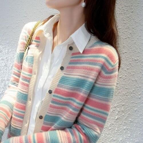 2021 Autumn New Womens Knitted Long Sleeve Sweater Ladies Casual Striped Loose Jumpers Female O-neck Crop Cardigans Jacket Q827