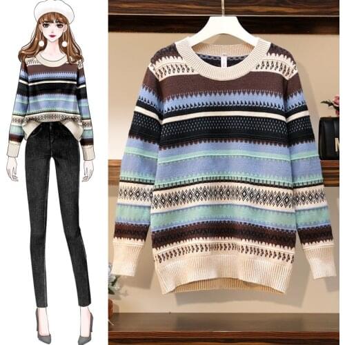 Autumn Winter Womens Sweater Retro Ethnic Style Striped Jacquard Pullovers Sweaters Plus Size 3XL New Loose Casual Pull Femme