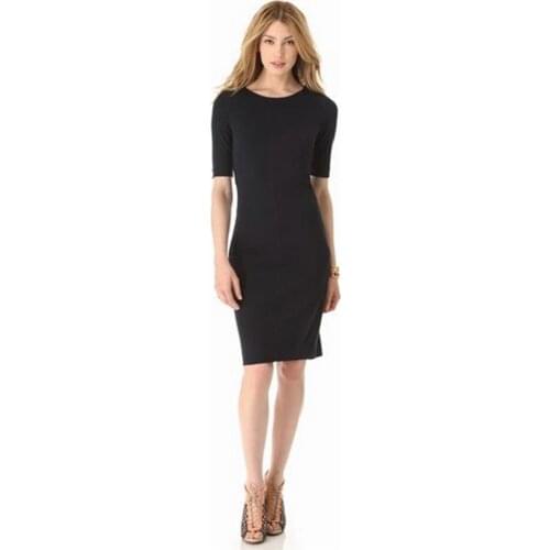 Summer New Fashion Commuting Womens Half-sleeved Round Neck Tight Medium Long Black Dress
