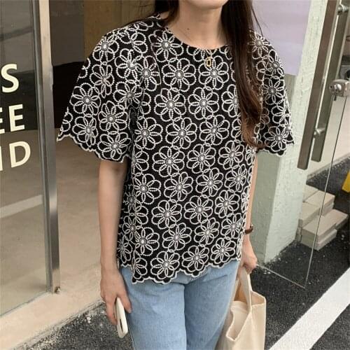 2021 New Summer Chic Tops Embroidery Florals Blouses Vintage Sweet Short Sleeves Streetwear Loose Office Lady Women