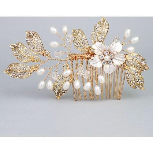 SLBRIDAL Handmade Alloy Wired Rhinestones Crystal Pearls Flower Wedding Hair Comb Bridal Headpieces Hair Accessories Bridesmaids