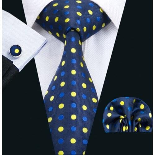 FA-1446 2018 Hot Sale New Mens Tie Blue Yellow Dots Silk Jacquard Necktie Hanky Cufflinks Set For Business Wedding Party