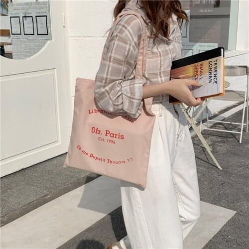 Women Canvas Shoulder Bags Paris Letter Print Handbags Female Casual Cotton Cloth Tote Purses Girls Simple Shopping School Bag