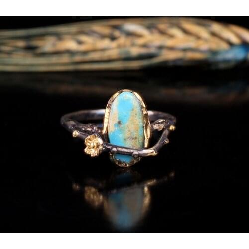 Turqoiuse ring, Woman Turquoise 925 Silver 18k gold plated Handmade Turqoiuse Flower Branch Ring