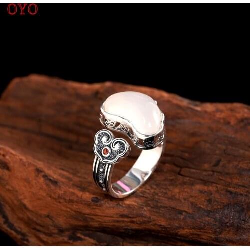 Real s925 sterling silver made old inlaid white chalcedony wishful ring fashion retro womens open ring