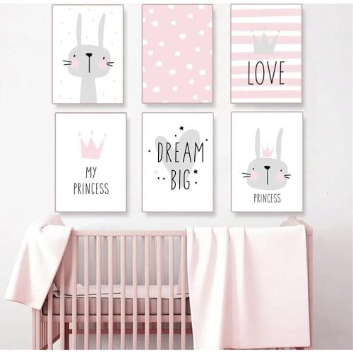 Crown Rabbit Canvas Prints Pink Love Quotes Art Poster Nursery Wall Art Print Painting Nordic Wall Pictures Kids Baby Room Decor