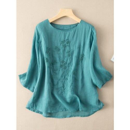 Summer 2020 Ramie embroidery loose T-shirt cotton and linen top Xia yangqi seven-point sleeve 6.29.20